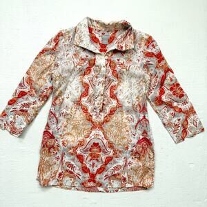 Chico’s 100% Linen Collared Tunic Top Floral Print 3/4 Sleeve Size 0/2P